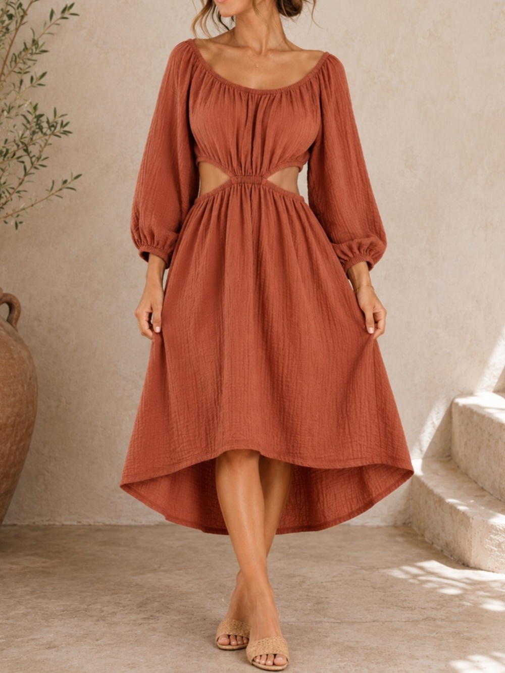 Bohme Dusty Rose Gauze Cutout Midi Dress Puff Sleeve Boho Medium
